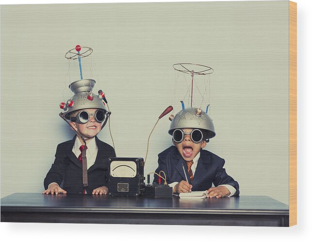 Working Wood Print featuring the photograph Boys Dressed as Businessmen Wearing Mind Reading Helmets by RichVintage