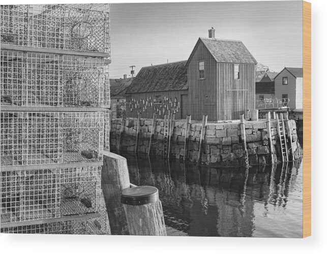 Motif No.1 Wood Print featuring the photograph Bradley Wharf Motif #1 BW by Susan Candelario