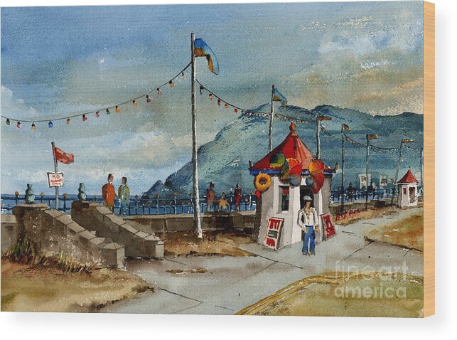 Valbyrne Wood Print featuring the painting Bray Head and Prom Wicklow by Val Byrne