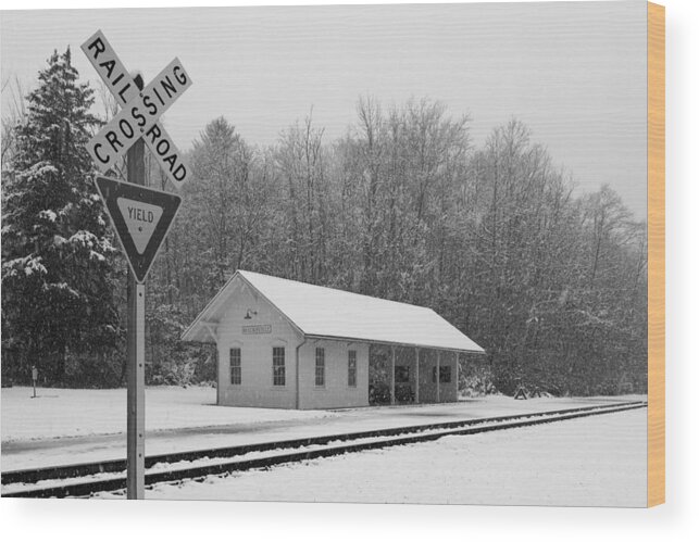 Train Station Wood Print featuring the photograph Brecksville Station Snowfall Black and White by Clint Buhler