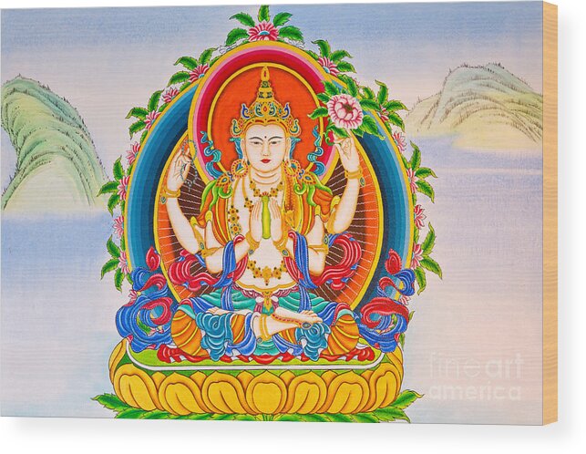 Thai Wood Print featuring the photograph Buddha Painting On The Wall In Chinese Temple Thailand by Tosporn Preede