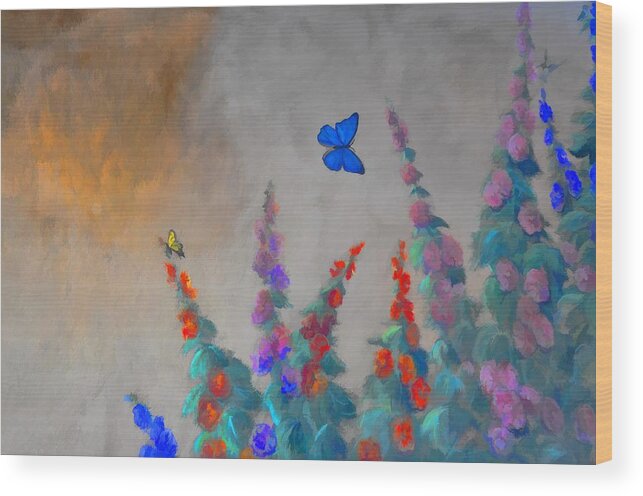 Southwestern Wood Print featuring the photograph Butterflies And Hollyhocks by Jan Amiss Photography
