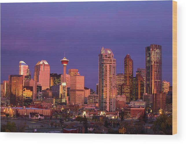 Dawn Wood Print featuring the photograph Calgary Skyline At Dawn With City by Michael Interisano / Design Pics