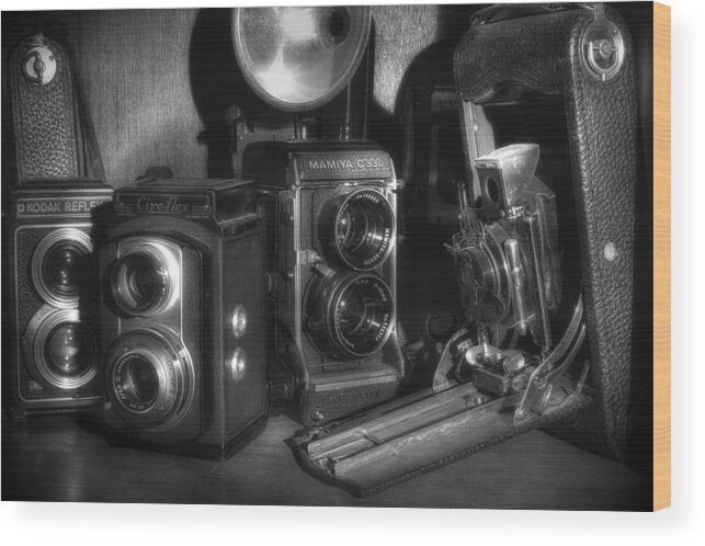 Antique Cameras Wood Print featuring the photograph Cameras In The Cupboard 2 by Michael Eingle