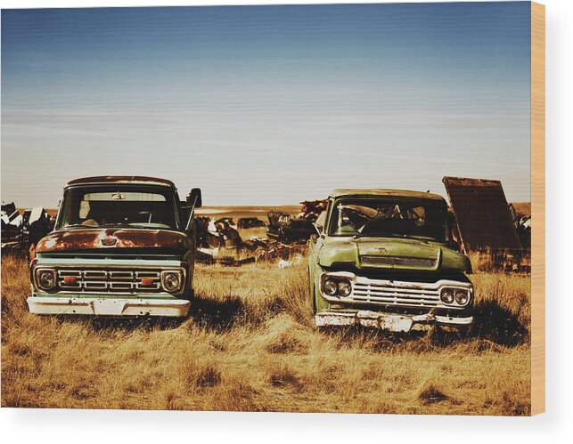 Environmental Damage Wood Print featuring the photograph Canada, Junk Yard With Old Us Cars by Westend61