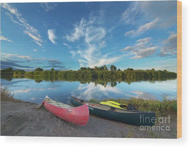 00559205 Wood Print featuring the photograph Canoes With Clouds Reflecting by Yva Momatiuk John Eastcott