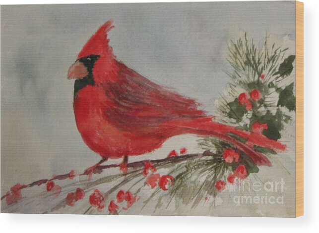 Cardinal Bird Wood Print featuring the painting Cardinal and Berries by B Rossitto