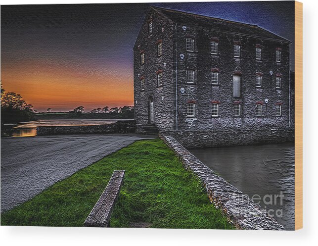 Carew Tidal Mill Wood Print featuring the photograph Carew Tidal Mill At Sunset Textured by Steve Purnell