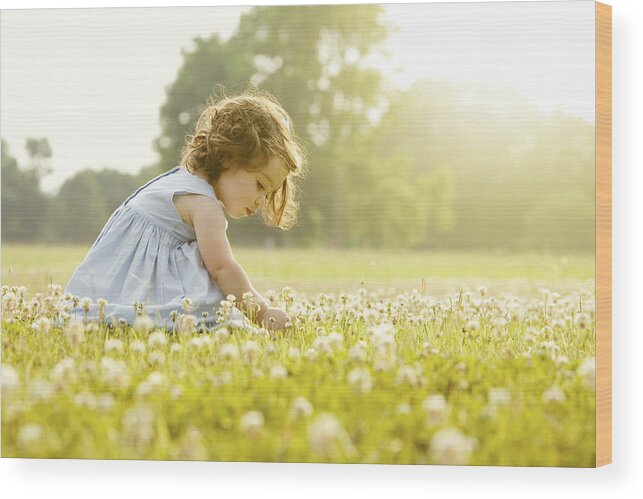 Tranquility Wood Print featuring the photograph Caucasian girl picking flowers in field by John Fedele