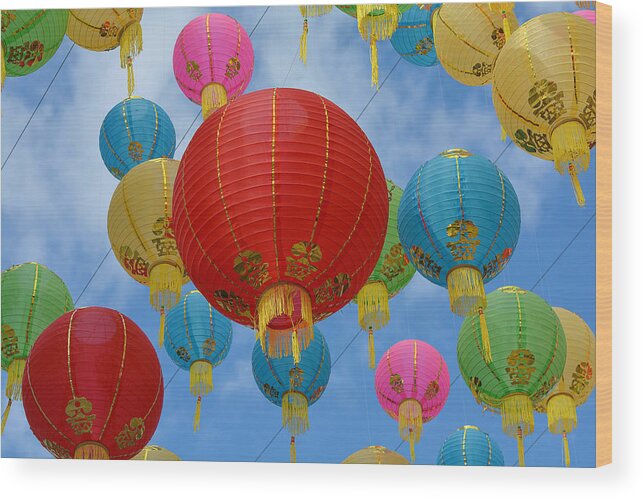 Chinese Lanterns Wood Print featuring the photograph Celebration In The Sky 9 by Fraida Gutovich
