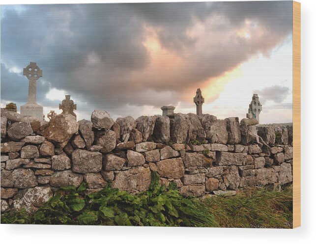 Doolin Wood Print featuring the photograph Celtic Cross Stone Wall by Allan Van Gasbeck