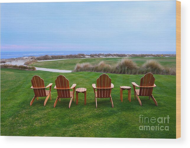 Golf Course Wood Print featuring the photograph Chairs at the Eighteenth Hole by Catherine Sherman
