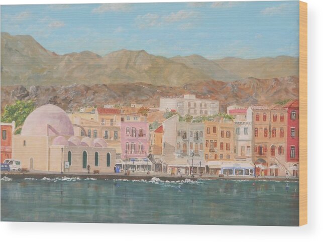 Chania Wood Print featuring the painting Chania harbour early summer morning by David Capon