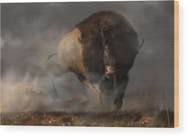 Thunderbeast Wood Print featuring the digital art Charging Bison by Daniel Eskridge