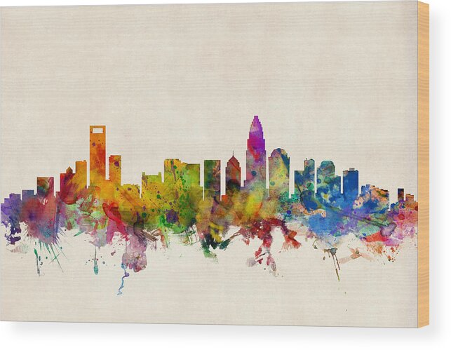 Watercolour Wood Print featuring the digital art Charlotte North Carolina Skyline by Michael Tompsett