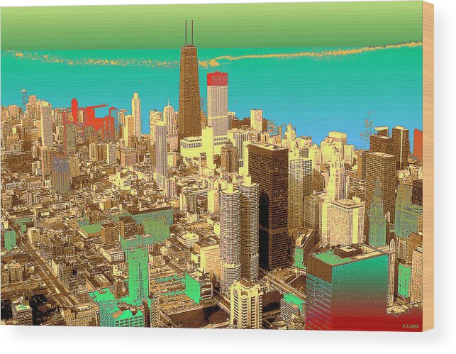 Chicago Wood Print featuring the painting Chicago Pop Art in Blue Green Red Yellow by Peter Potter