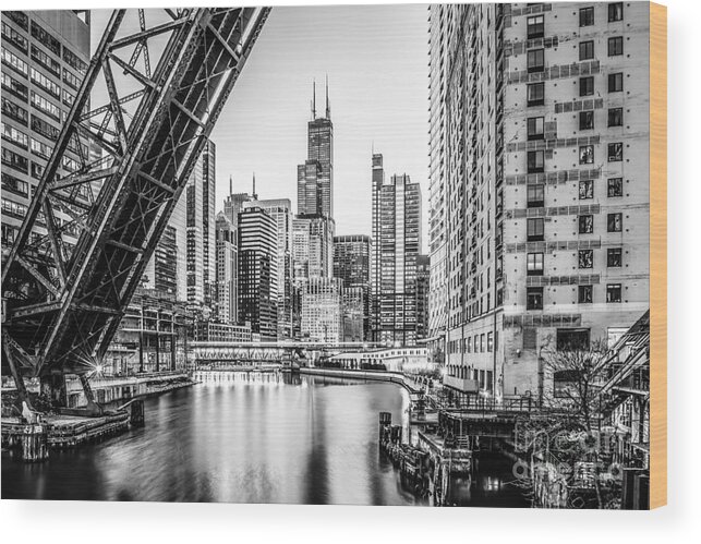 America Wood Print featuring the photograph Chicago Kinzie Railroad Bridge Black and White Photo by Paul Velgos