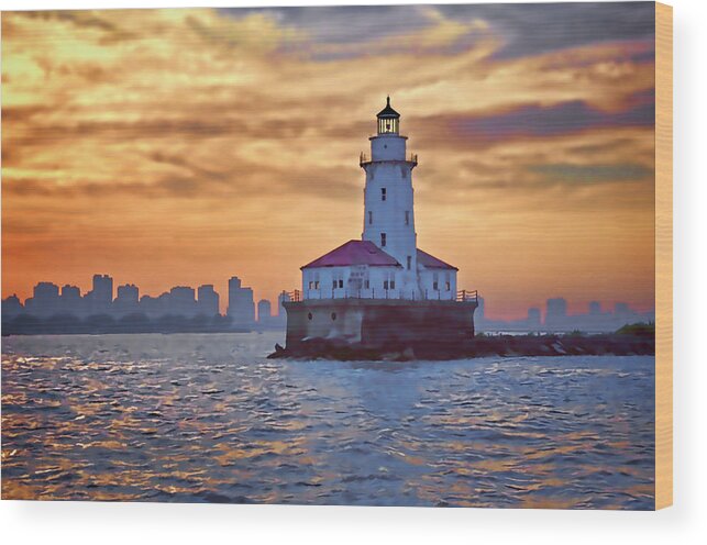 Chicago Wood Print featuring the digital art Chicago Lighthouse Impression by John Hansen