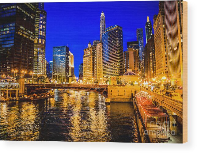 America Wood Print featuring the photograph Chicago River Buildings at Night Picture by Paul Velgos