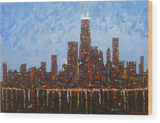 Chicago At Night Painting Wood Print featuring the painting Chicago Skyline at Night from North Avenue Pier by J Loren Reedy