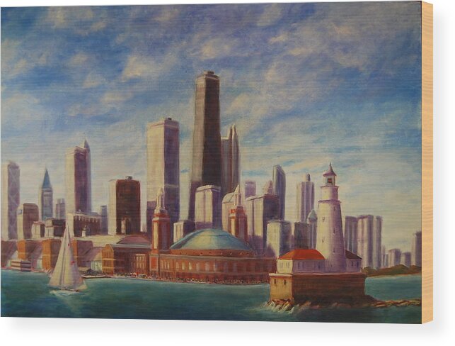 Navy Pier Wood Print featuring the painting Chicago Skyline by Will Germino