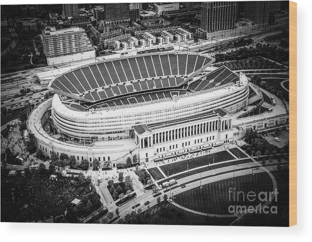 America Wood Print featuring the photograph Chicago Soldier Field Aerial Picture in Black and White by Paul Velgos