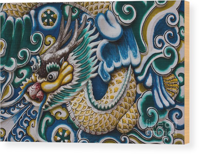 Thailand Wood Print featuring the photograph China dragon stucco by Tosporn Preede