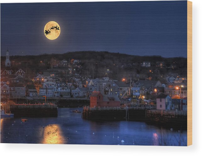 Moonset Wood Print featuring the photograph Santa and Reindeer Over Rockport Harbor by Liz Mackney