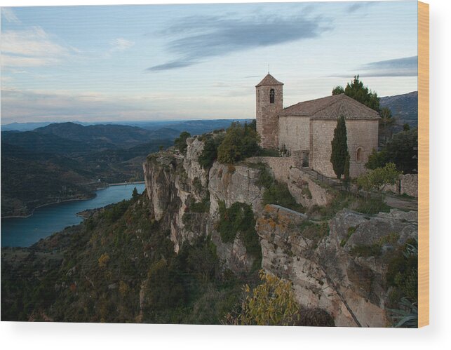 Scenics Wood Print featuring the photograph Church on cliff by river by David Oliete