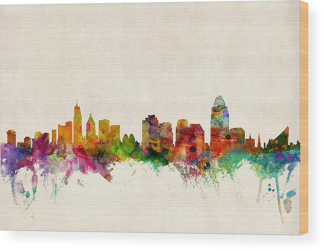 Watercolour Wood Print featuring the digital art Cincinnati Ohio Skyline by Michael Tompsett
