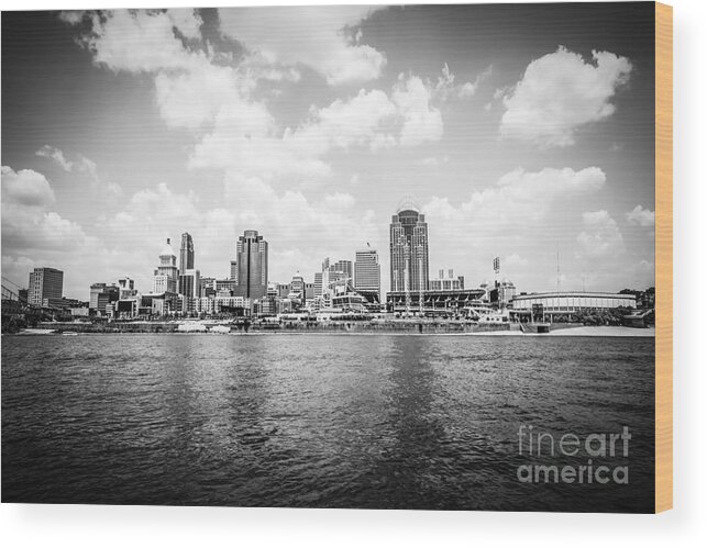 2012 Wood Print featuring the photograph Cincinnati Skyline Riverfront Black and White Picture by Paul Velgos