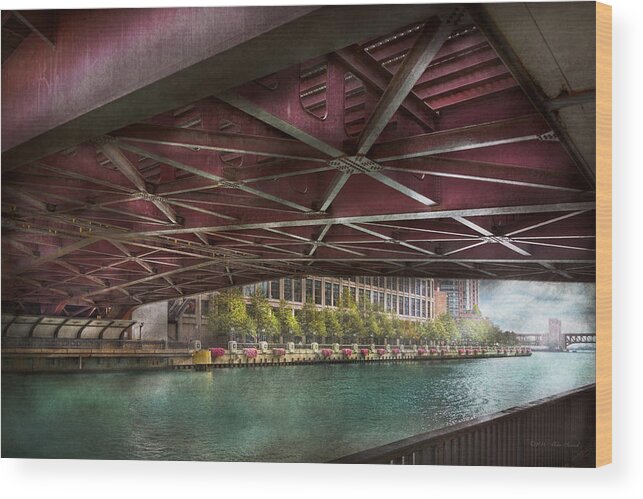 Chicago Wood Print featuring the photograph City - Chicago IL - Underneath the William P Fahey Bridge by Mike Savad