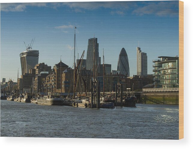 Cheese Grater Building Wood Print featuring the photograph City of London river barges Wapping by Gary Eason