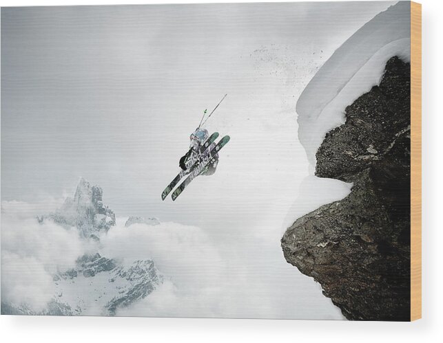 Ski Pole Wood Print featuring the photograph Cliff Drop by Andre Schoenherr