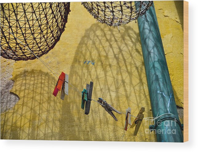 Clothesline Wood Print featuring the photograph Clothesline and Fish Traps by Amy Fearn