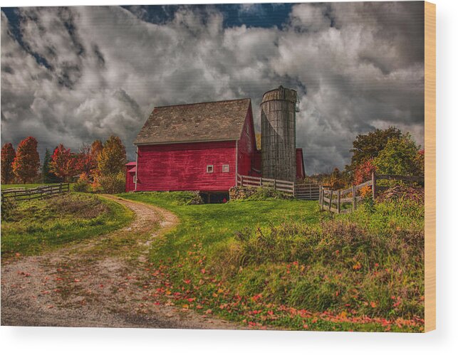Autumn Foliage New England Wood Print featuring the photograph Clouds over rustic Vermont farm by Jeff Folger