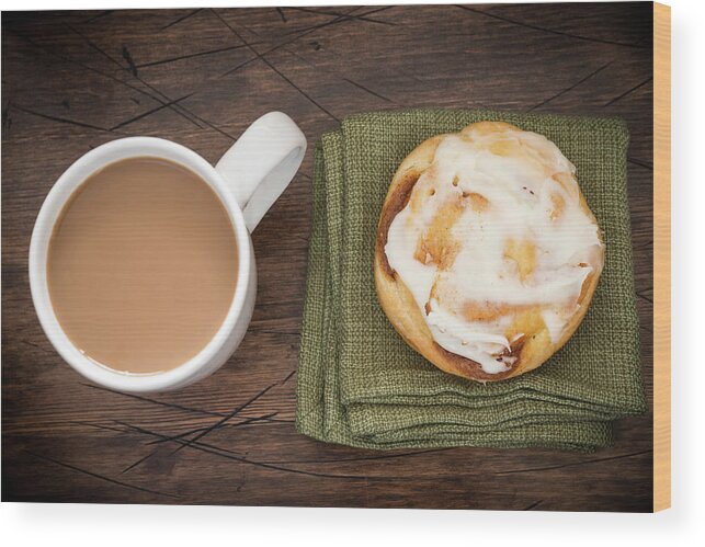 Breakfast Wood Print featuring the photograph Coffee And Cinnamon Roll by J Shepherd