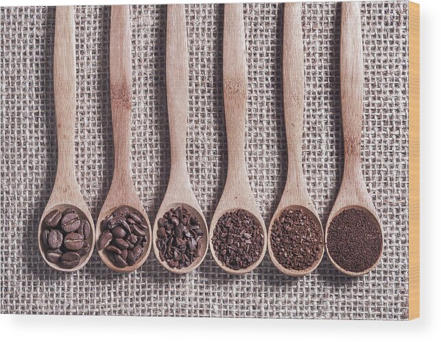 Nobody Wood Print featuring the photograph Coffee Beans And Grinds On Wooden Spoons by Ktsdesign/science Photo Library