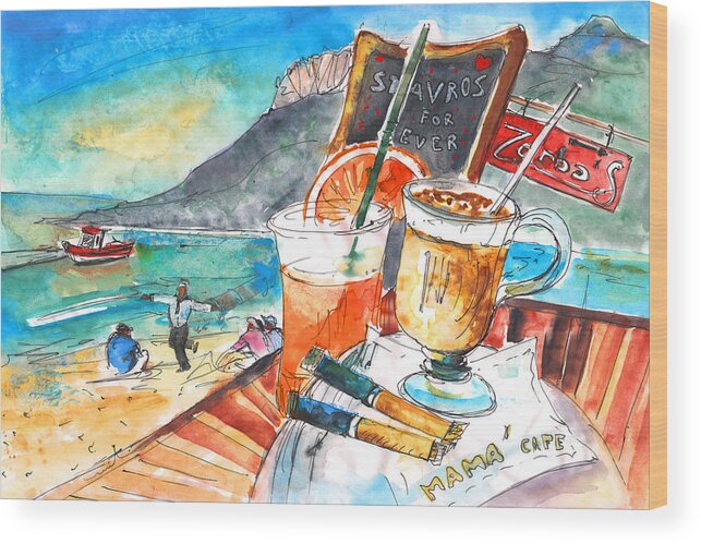 Travel Art Wood Print featuring the painting Coffee Break in Stavros in Crete by Miki De Goodaboom
