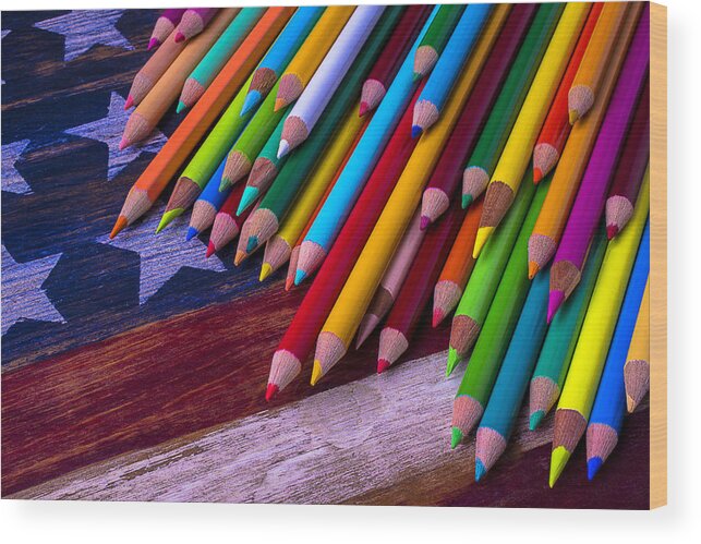 Colored Wood Print featuring the photograph Colored Pencils On Wooden Flag by Garry Gay
