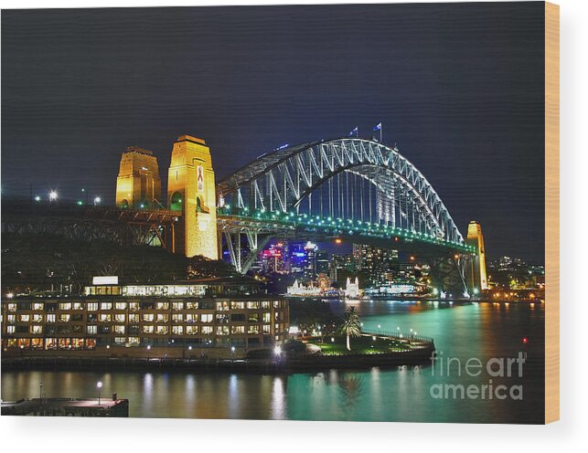 Photography Wood Print featuring the photograph Colorful Sydney Harbour Bridge by Night by Kaye Menner