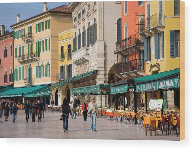 People Wood Print featuring the photograph Colourful Buildings Lining Piazza Bra by David C Tomlinson