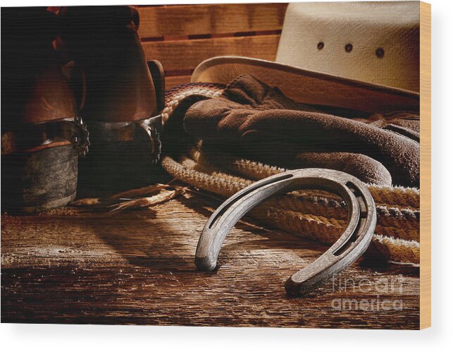 Western Wood Print featuring the photograph Cowboy Horseshoe by Olivier Le Queinec