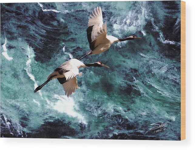 Birds Wood Print featuring the painting Cranes Over the Sea of Japan by M Spadecaller