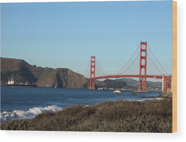 Golden Gate Bridge Wood Print featuring the photograph Crashing Waves and the Golden Gate Bridge by Linda Woods