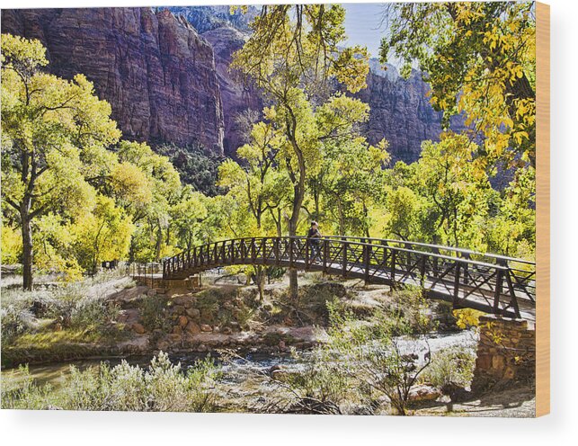 Zion National Park Utah Wood Print featuring the photograph Crossover The Bridge - Zion by Jon Berghoff