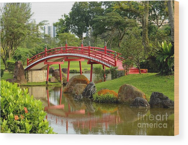 Bridge Wood Print featuring the photograph Curved red Japanese bridge and stream Chinese Gardens Singapore by Imran Ahmed