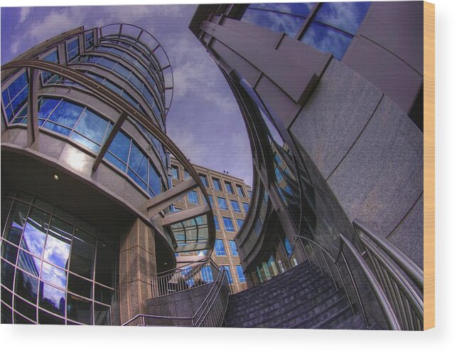 Architecture Wood Print featuring the photograph Reflections and curves by Dennis Baswell