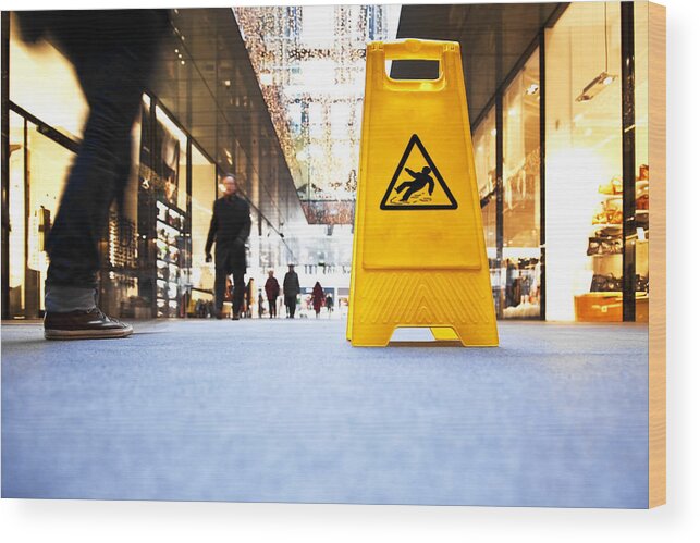 Crowd Wood Print featuring the photograph Danger Sign In A Shopping Mall by Bertlmann