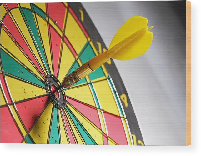 Scoring Wood Print featuring the photograph Dart On A Dartboard by Visage